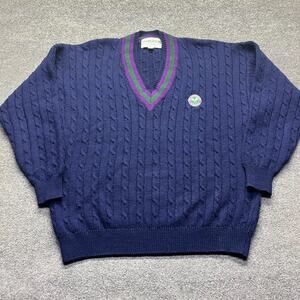 Vintage Wimbledon Men's XL Cable Knit V-Neck Sweater Navy Blue Tennis Preppy